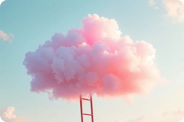 Illustration of a red ladder leading into a soft pink cloud against a pastel teal and cream sky